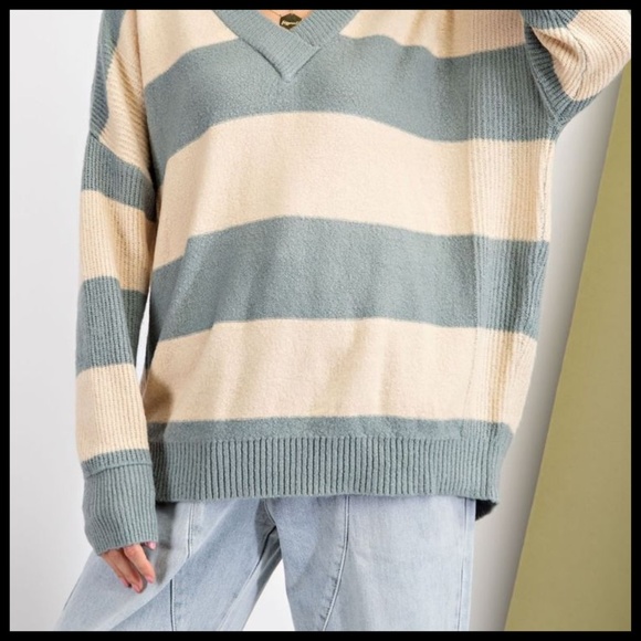 EASEL Wide Striped Sweater Ribbed Hems Wide Neckline Long Loose Fit Tunic Style - Picture 9 of 14